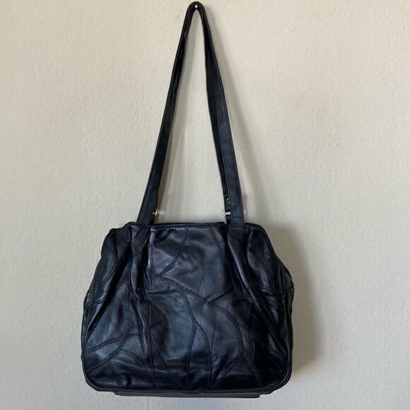 Black Patchwork Shoulder Bag Tote Leather Animal Print Vintage - Picture 6 of 11